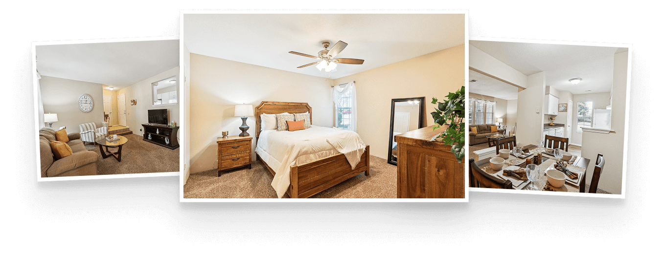 Three images of the interior of an apartment side-by-side; one showing the living room, one the bedroom, and the final one showing the dining room