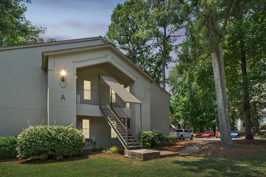 An outside shot of an apartment building